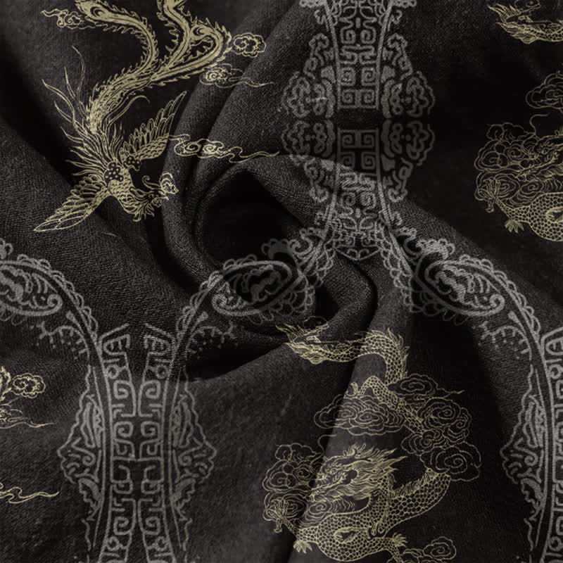 Nimara Ritual Cotton Dragon Phoenix Emblem Men's Short Sleeve Half Button Shirt