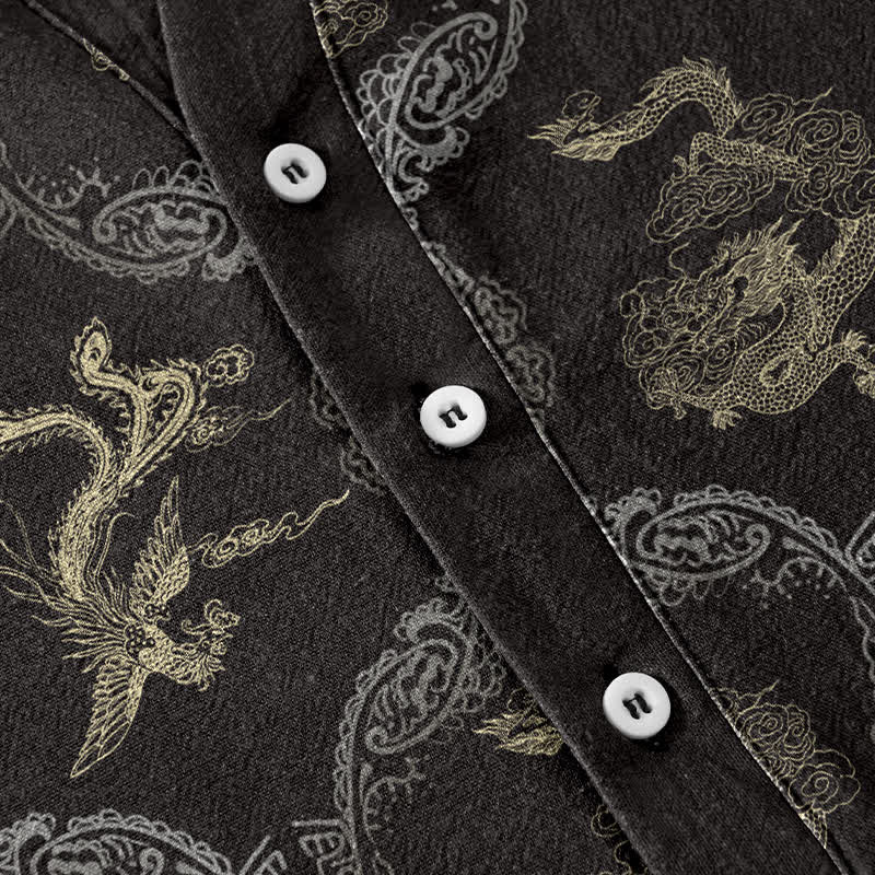 Nimara Ritual Cotton Dragon Phoenix Emblem Men's Short Sleeve Half Button Shirt