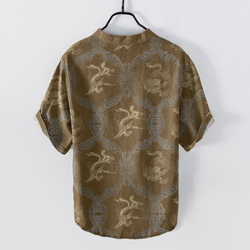 Nimara Ritual Cotton Dragon Phoenix Emblem Men's Short Sleeve Half Button Shirt