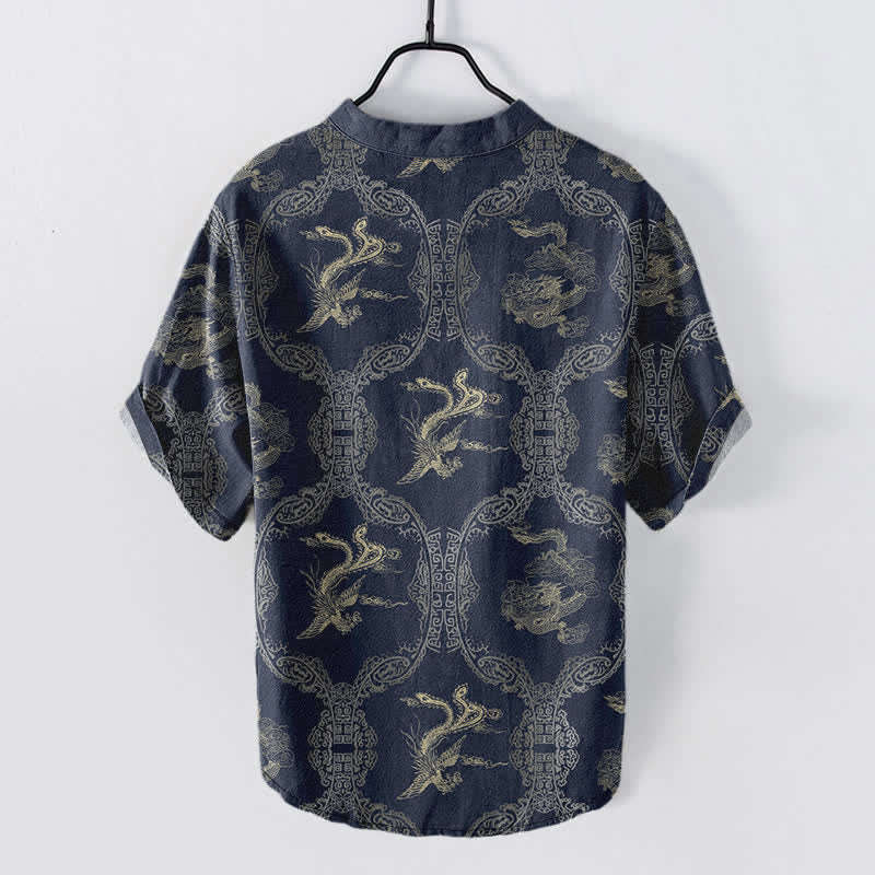 Nimara Ritual Cotton Dragon Phoenix Emblem Men's Short Sleeve Half Button Shirt