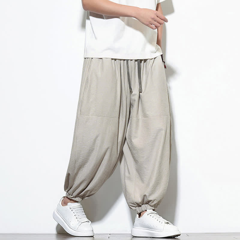 Nimara Ritual Spring Solid Color Drawstring Cropped Men's Harem Cotton Pants With Pockets