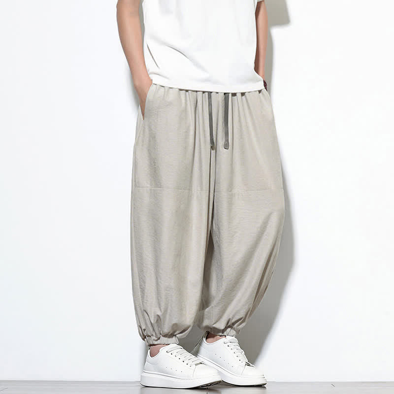 Nimara Ritual Spring Solid Color Drawstring Cropped Men's Harem Cotton Pants With Pockets