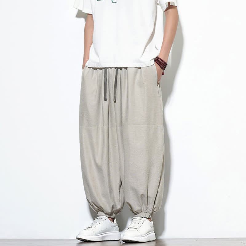 Nimara Ritual Spring Solid Color Drawstring Cropped Men's Harem Cotton Pants With Pockets