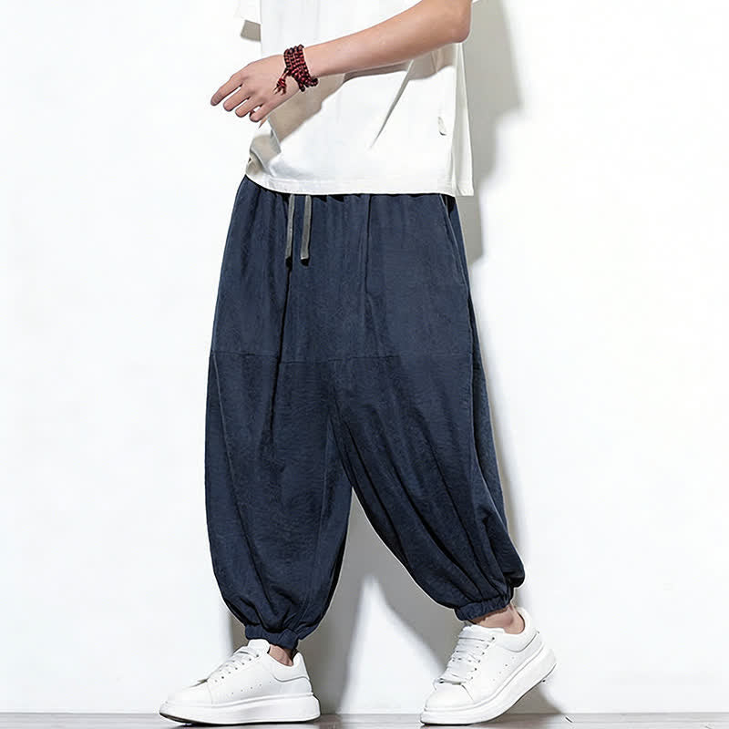 Nimara Ritual Spring Solid Color Drawstring Cropped Men's Harem Cotton Pants With Pockets