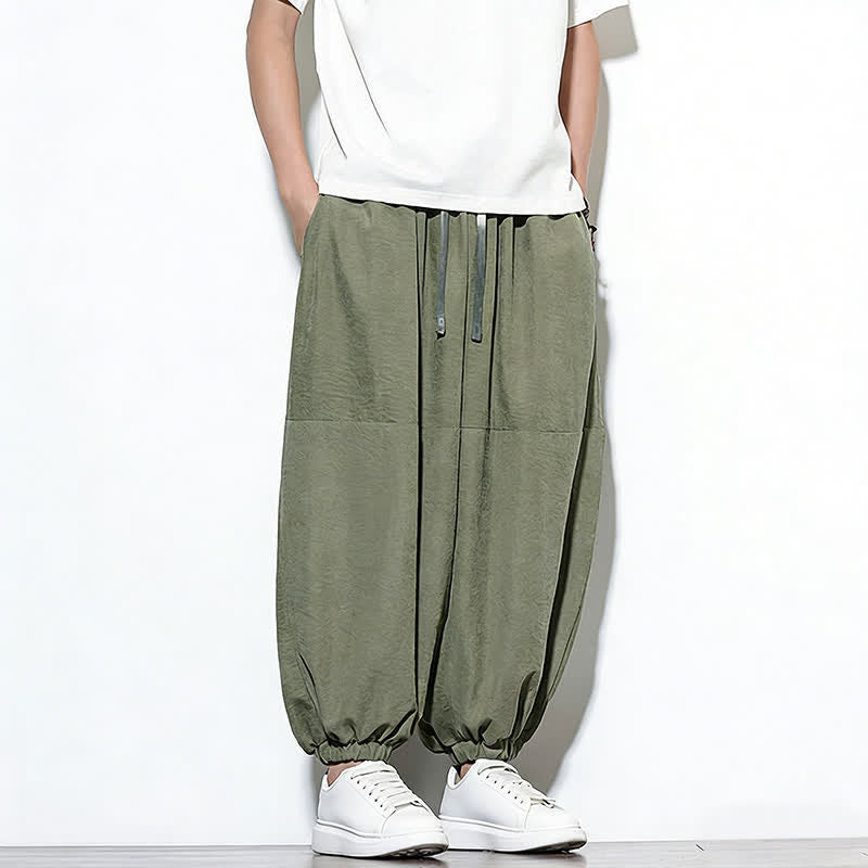 Nimara Ritual Spring Solid Color Drawstring Cropped Men's Harem Cotton Pants With Pockets