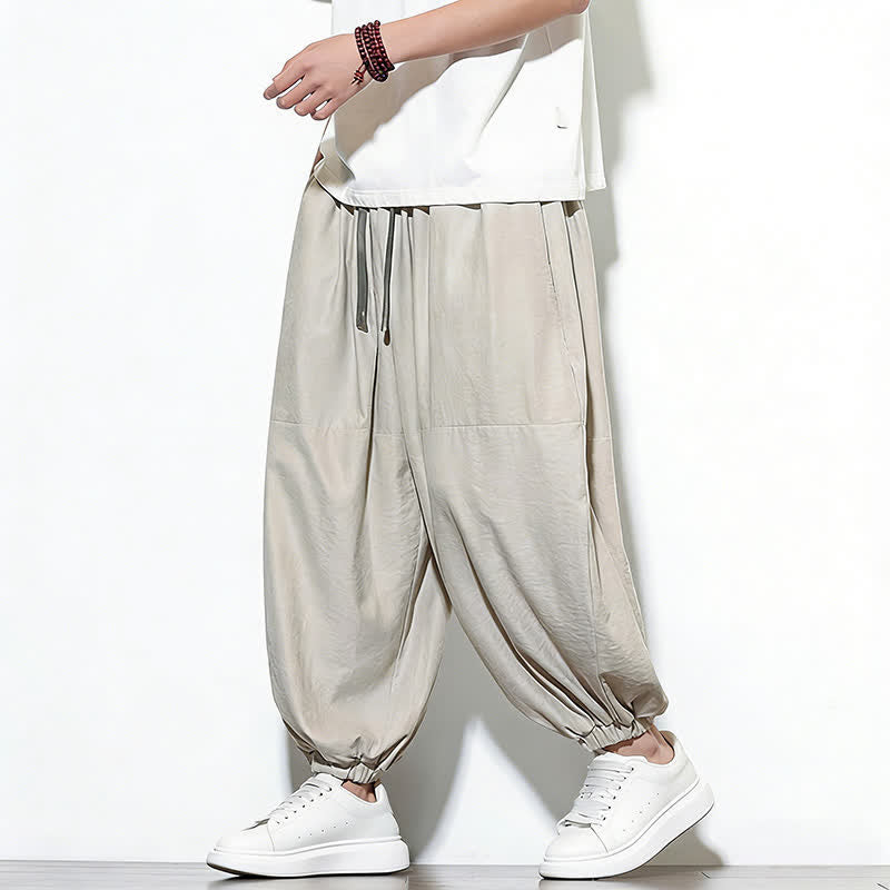 Nimara Ritual Spring Solid Color Drawstring Cropped Men's Harem Cotton Pants With Pockets