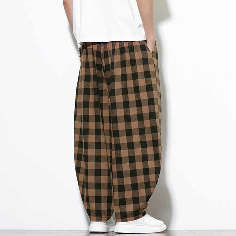 Nimara Ritual Summer Plaid Pattern High Waist Drawstring Men's Harem Pants With Pockets
