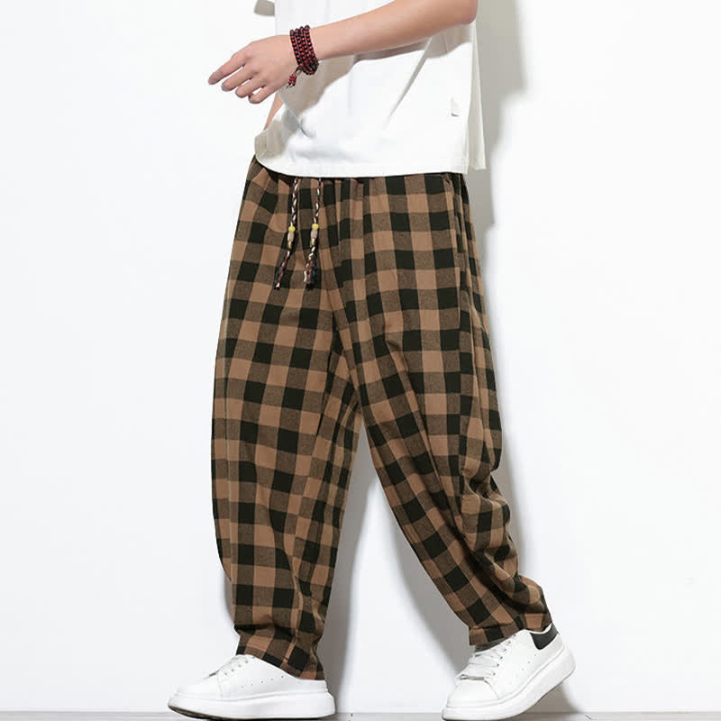 Nimara Ritual Summer Plaid Pattern High Waist Drawstring Men's Harem Pants With Pockets