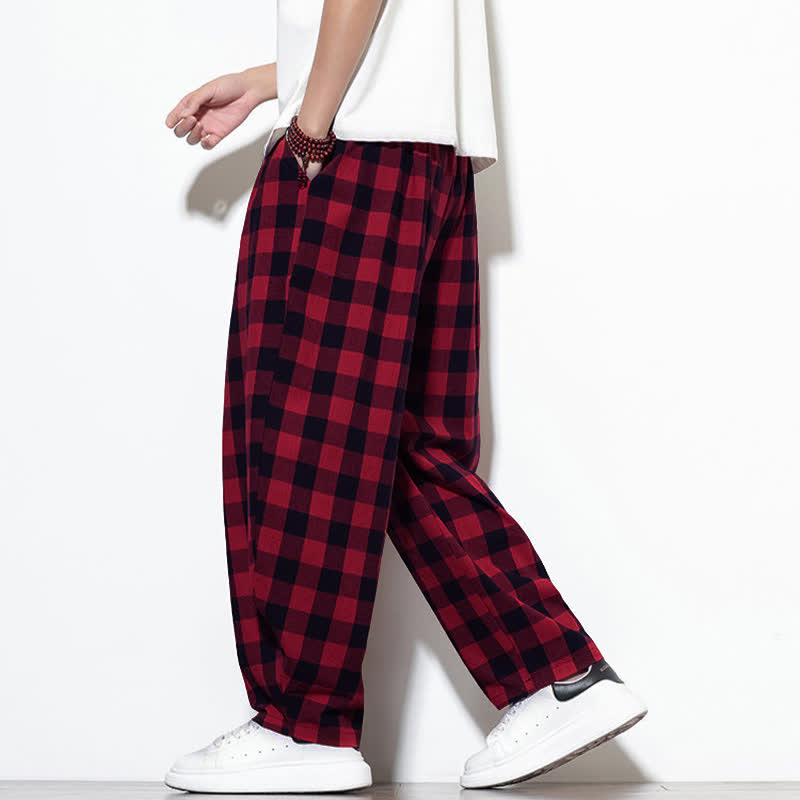 Nimara Ritual Summer Plaid Pattern High Waist Drawstring Men's Harem Pants With Pockets