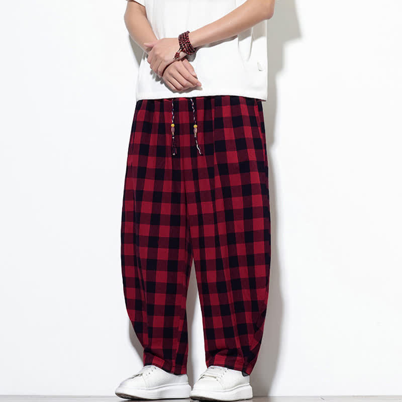 Nimara Ritual Summer Plaid Pattern High Waist Drawstring Men's Harem Pants With Pockets