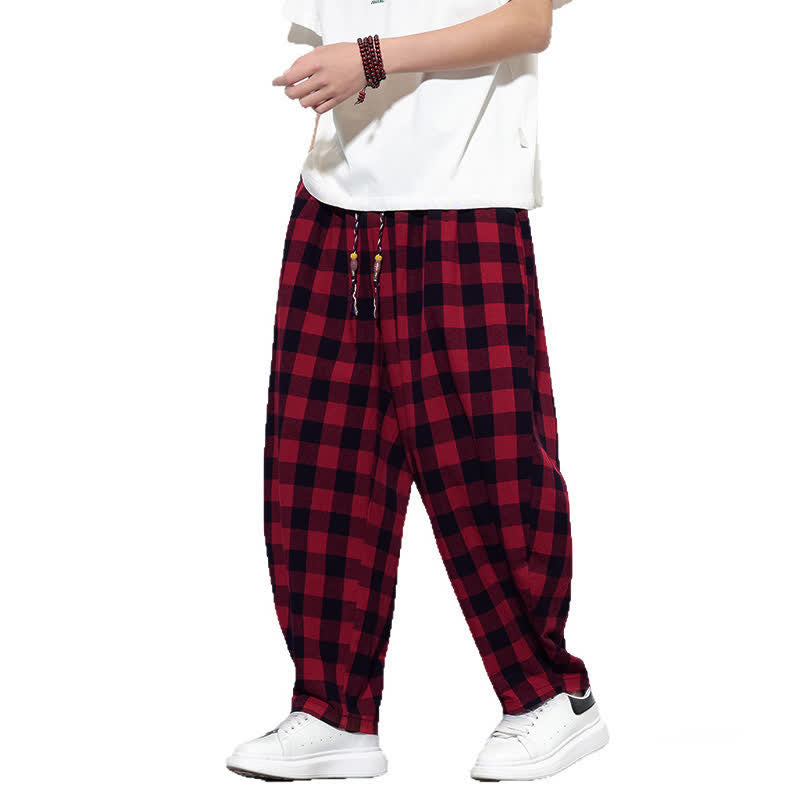 Nimara Ritual Summer Plaid Pattern High Waist Drawstring Men's Harem Pants With Pockets
