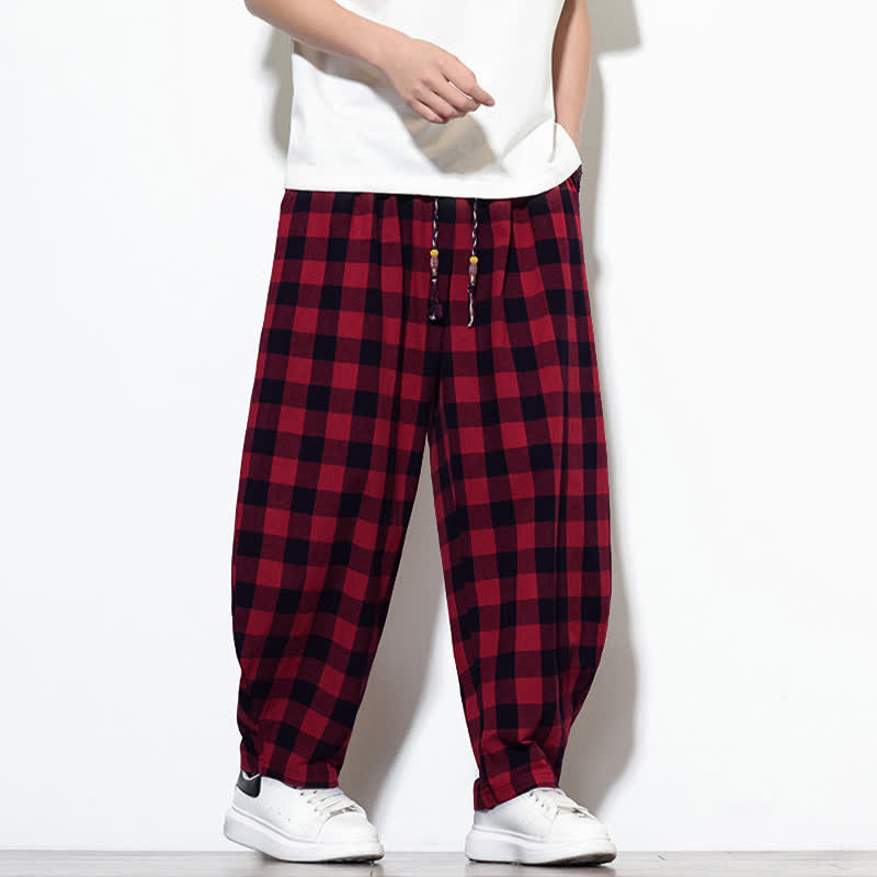 Nimara Ritual Summer Plaid Pattern High Waist Drawstring Men's Harem Pants With Pockets