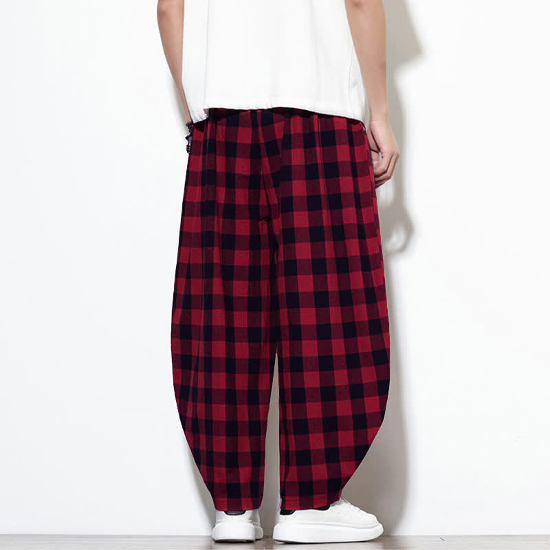 Nimara Ritual Summer Plaid Pattern High Waist Drawstring Men's Harem Pants With Pockets