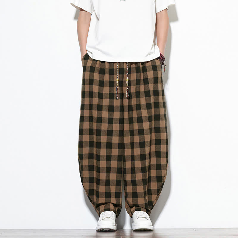 Nimara Ritual Summer Plaid Pattern High Waist Drawstring Men's Harem Pants With Pockets