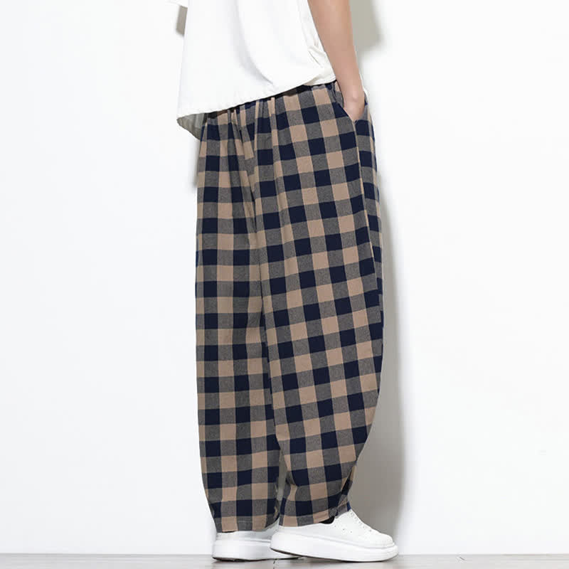 Nimara Ritual Summer Plaid Pattern High Waist Drawstring Men's Harem Pants With Pockets