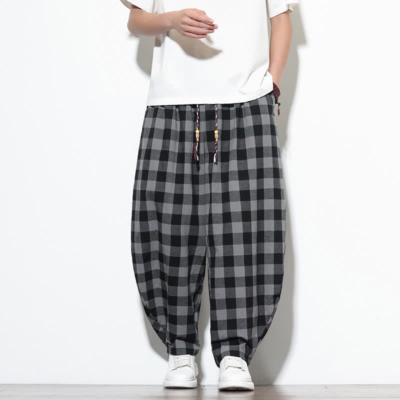 Nimara Ritual Summer Plaid Pattern High Waist Drawstring Men's Harem Pants With Pockets