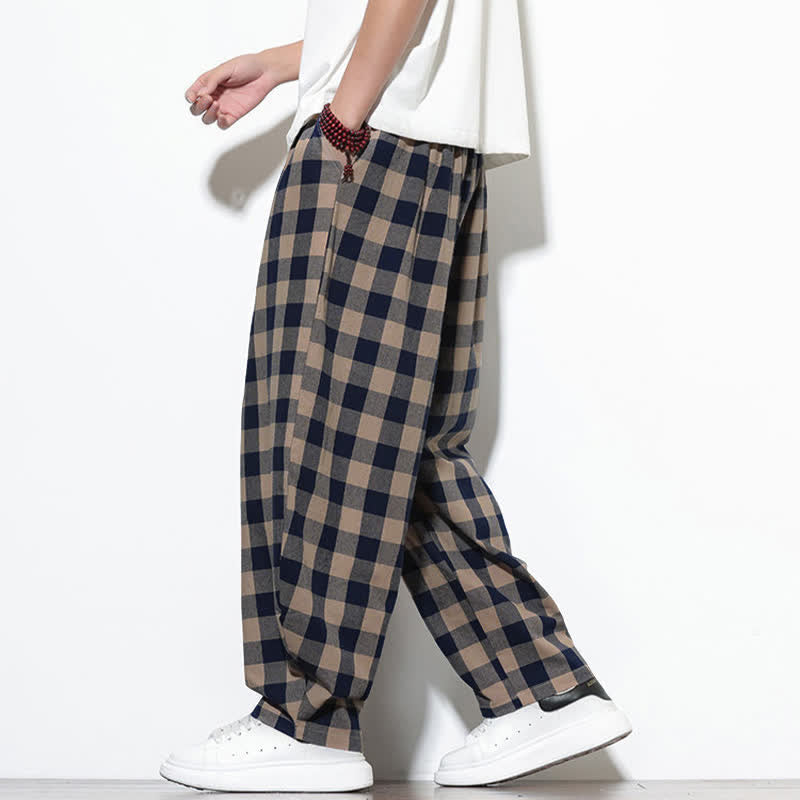 Nimara Ritual Summer Plaid Pattern High Waist Drawstring Men's Harem Pants With Pockets