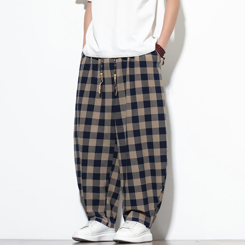 Nimara Ritual Summer Plaid Pattern High Waist Drawstring Men's Harem Pants With Pockets