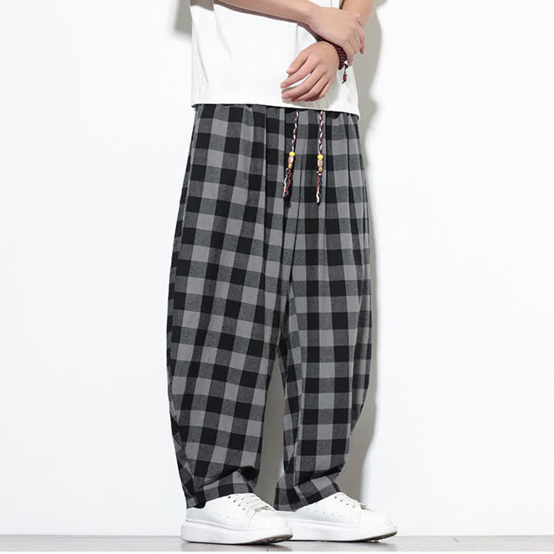Nimara Ritual Summer Plaid Pattern High Waist Drawstring Men's Harem Pants With Pockets