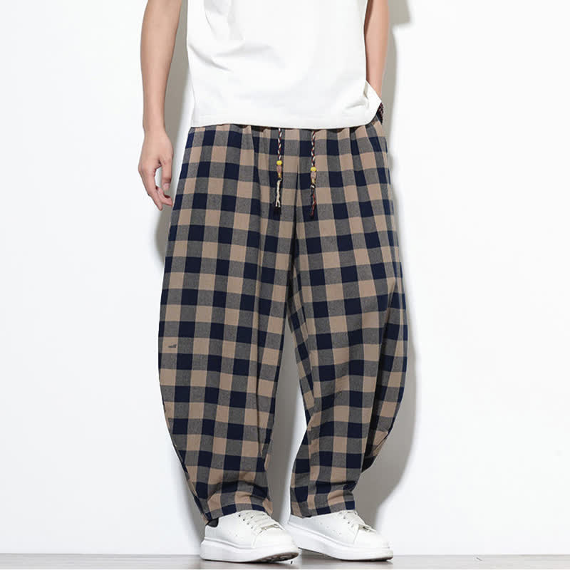 Nimara Ritual Summer Plaid Pattern High Waist Drawstring Men's Harem Pants With Pockets
