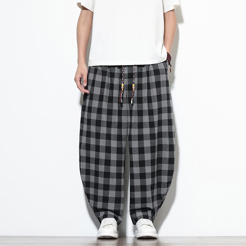 Nimara Ritual Summer Plaid Pattern High Waist Drawstring Men's Harem Pants With Pockets