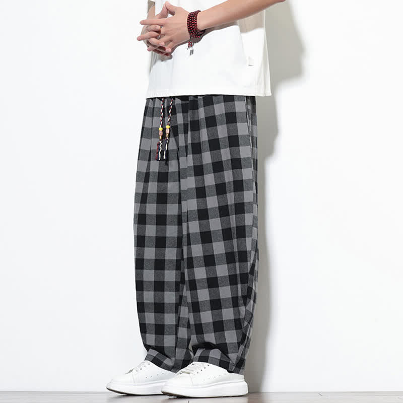 Nimara Ritual Summer Plaid Pattern High Waist Drawstring Men's Harem Pants With Pockets