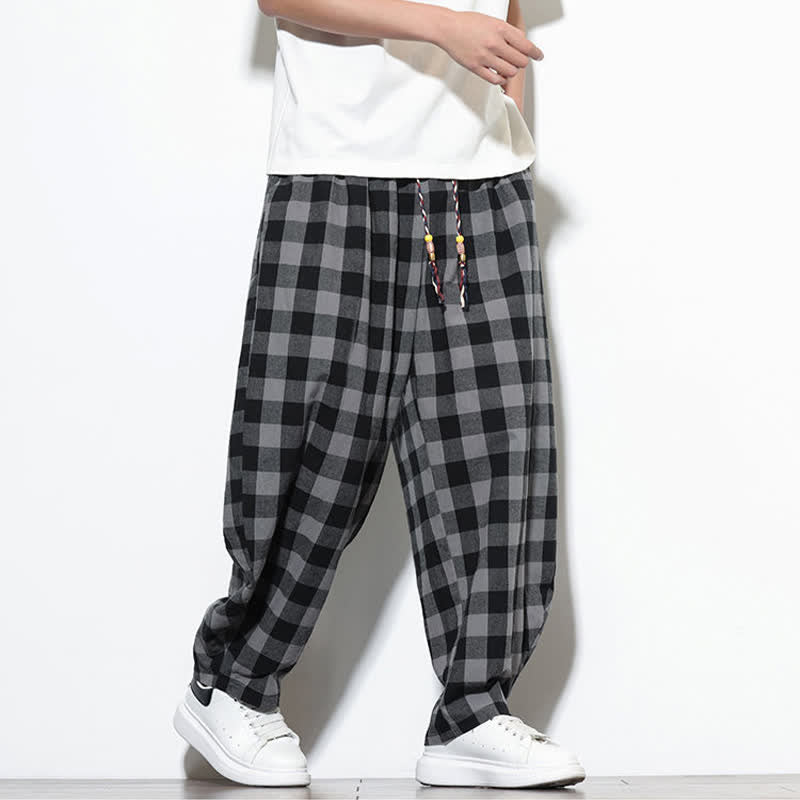 Nimara Ritual Summer Plaid Pattern High Waist Drawstring Men's Harem Pants With Pockets