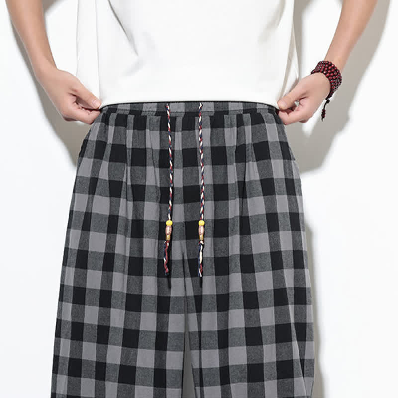 Nimara Ritual Summer Plaid Pattern High Waist Drawstring Men's Harem Pants With Pockets