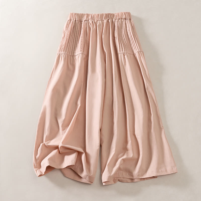 Nimara Ritual Summer Pleated Design Elastic Waistband Cropped Women's Wide Leg Pants With Pockets