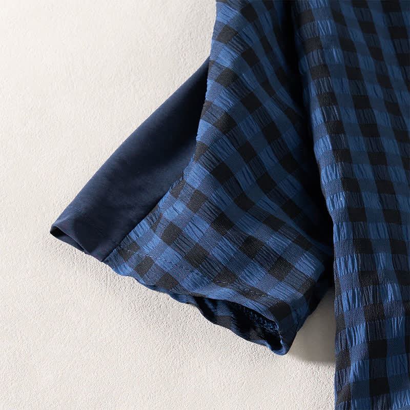 Nimara Ritual Summer MidnightBlue Checked A-line Pleated Crew Neck Knee Length Women's Short Sleeve Dress
