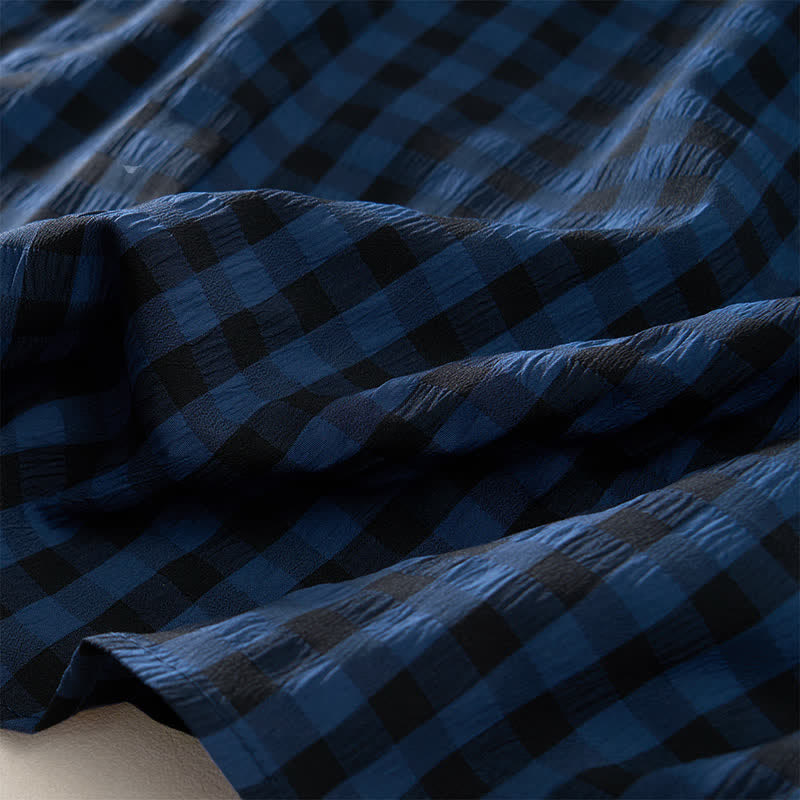 Nimara Ritual Summer MidnightBlue Checked A-line Pleated Crew Neck Knee Length Women's Short Sleeve Dress