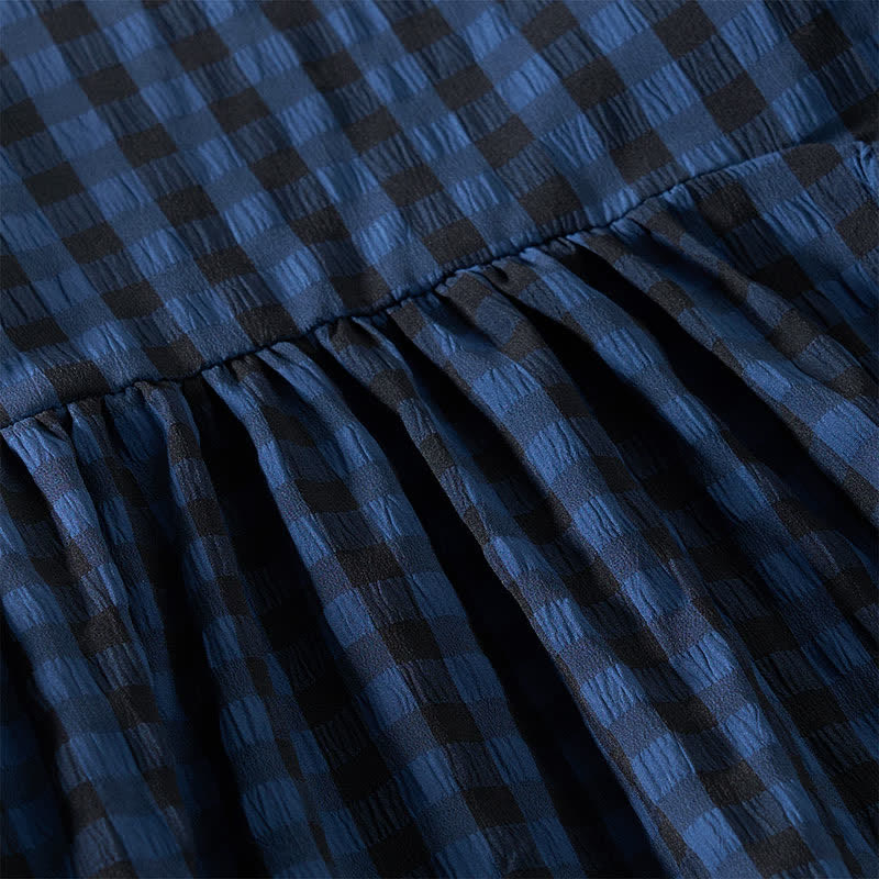 Nimara Ritual Summer MidnightBlue Checked A-line Pleated Crew Neck Knee Length Women's Short Sleeve Dress