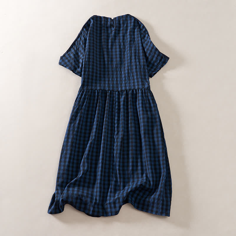 Nimara Ritual Summer MidnightBlue Checked A-line Pleated Crew Neck Knee Length Women's Short Sleeve Dress