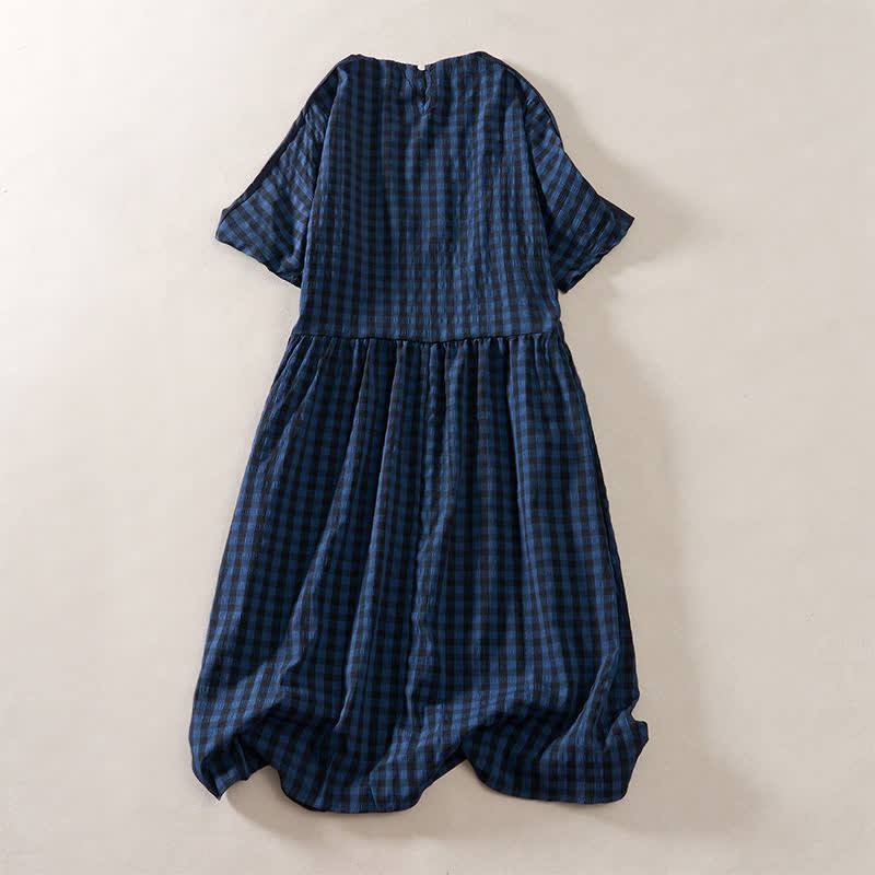 Nimara Ritual Summer MidnightBlue Checked A-line Pleated Crew Neck Knee Length Women's Short Sleeve Dress