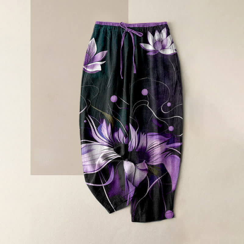 Nimara Ritual Pure Cotton Purple Lotus Print Elastic Waist Women's Pants With Pockets