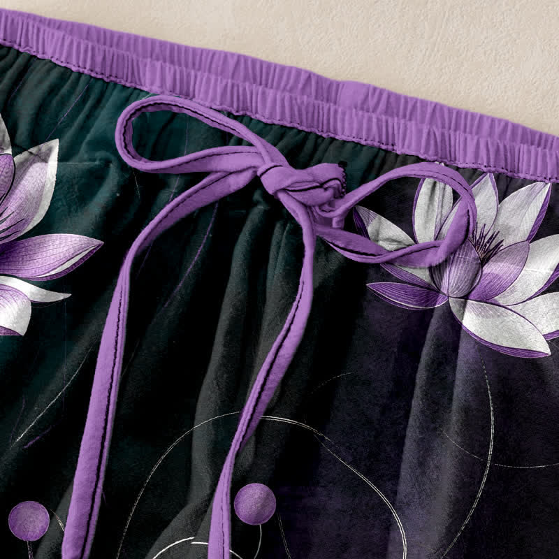 Nimara Ritual Pure Cotton Purple Lotus Print Elastic Waist Women's Pants With Pockets