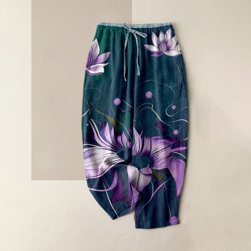 Nimara Ritual Pure Cotton Purple Lotus Print Elastic Waist Women's Pants With Pockets