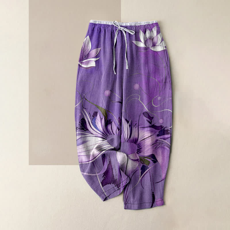 Nimara Ritual Pure Cotton Purple Lotus Print Elastic Waist Women's Pants With Pockets