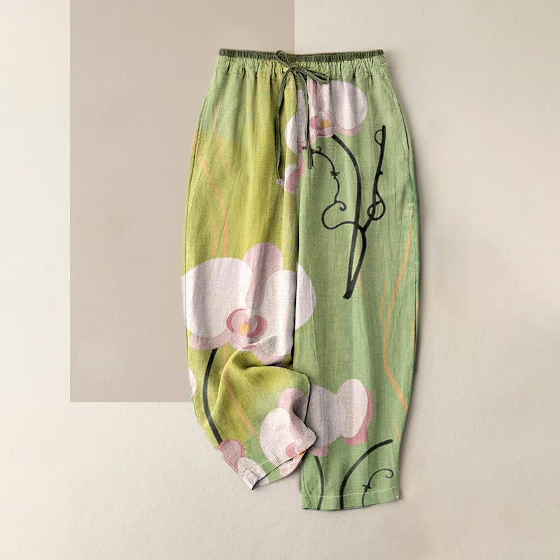 Nimara Ritual Cotton Orchid Print Drawstring Women's Elastic Waist Pants With Pockets