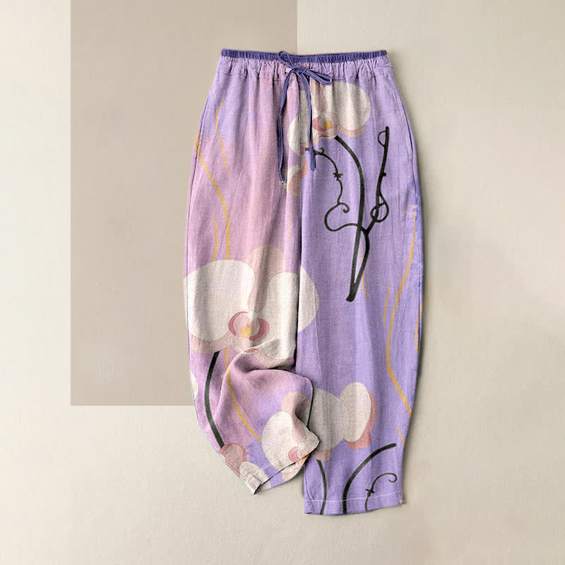 Nimara Ritual Cotton Orchid Print Drawstring Women's Elastic Waist Pants With Pockets