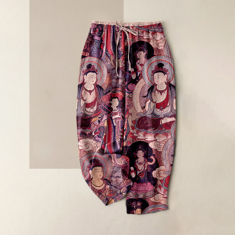 Nimara Ritual Multiple Buddhas Pattern Elastic Waist Women's Pure Cotton Pants With Pockets