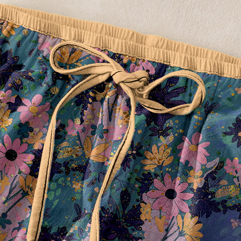 Nimara Ritual Colorful Floral Print Pure Cotton Women's Elastic Waist Pants With Pockets