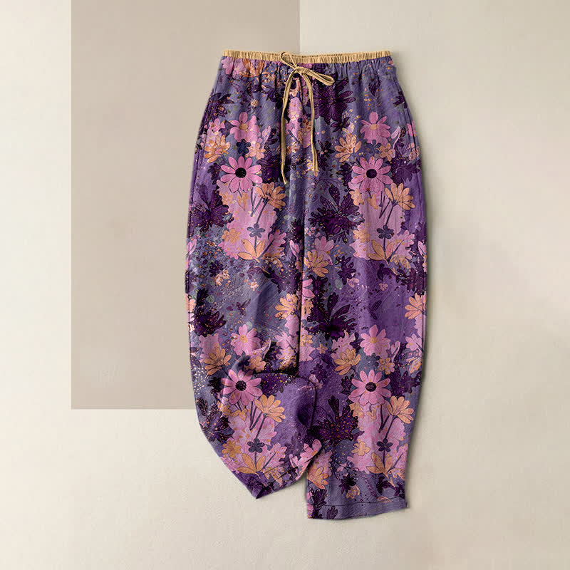 Nimara Ritual Colorful Floral Print Pure Cotton Women's Elastic Waist Pants With Pockets