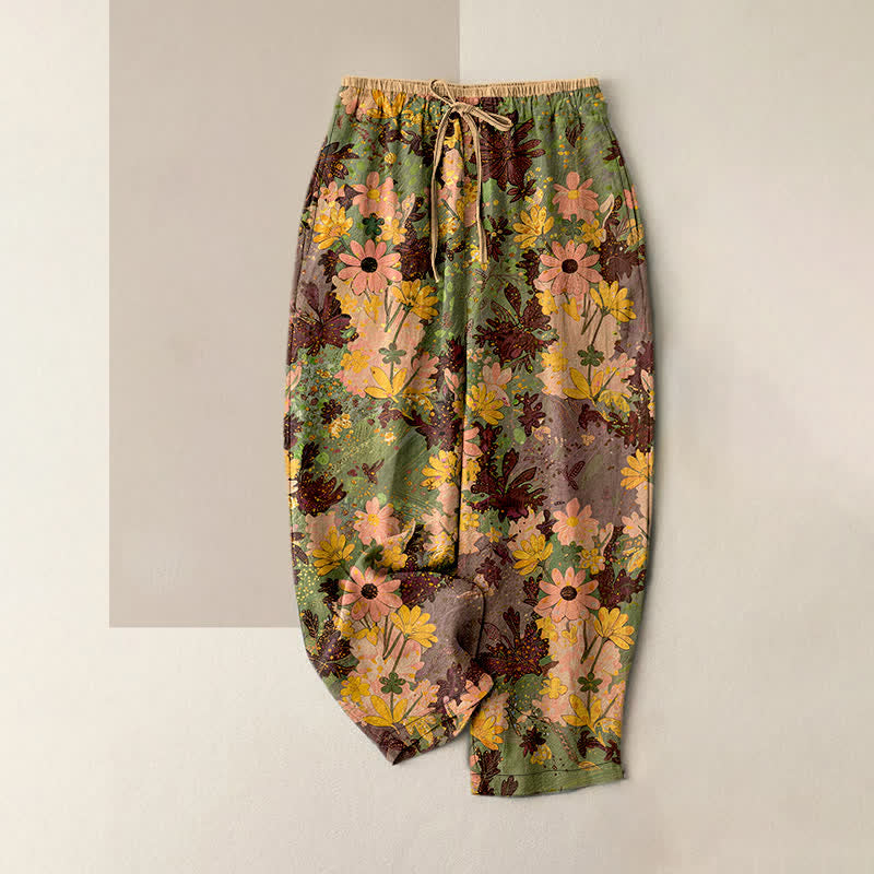 Nimara Ritual Colorful Floral Print Pure Cotton Women's Elastic Waist Pants With Pockets