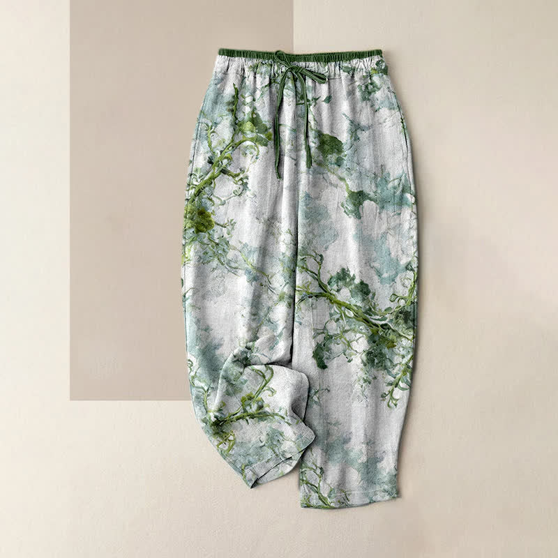 Nimara Ritual Print Branches Floral Elements Women's Pure Cotton Pants With Pockets
