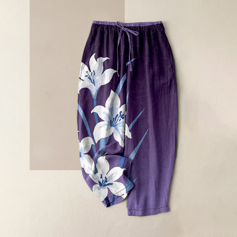 Nimara Ritual Pure Cotton Lily Print Elastic Waist Drawstring Women's Pants With Pockets