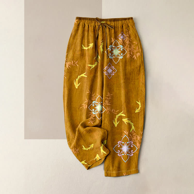 Nimara Ritual Koi Fish Print Geometric Pattern Cotton Drawstring Women's Pants With Pockets
