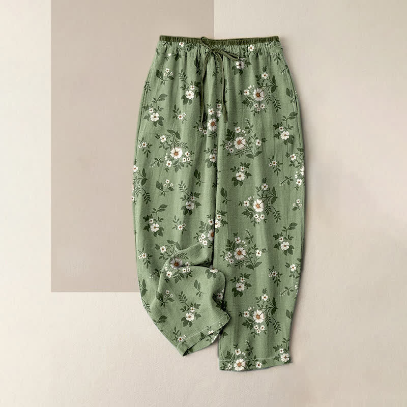 Nimara Ritual Pure Cotton Ditsy Floral Elastic Waist Women's Pants With Pockets