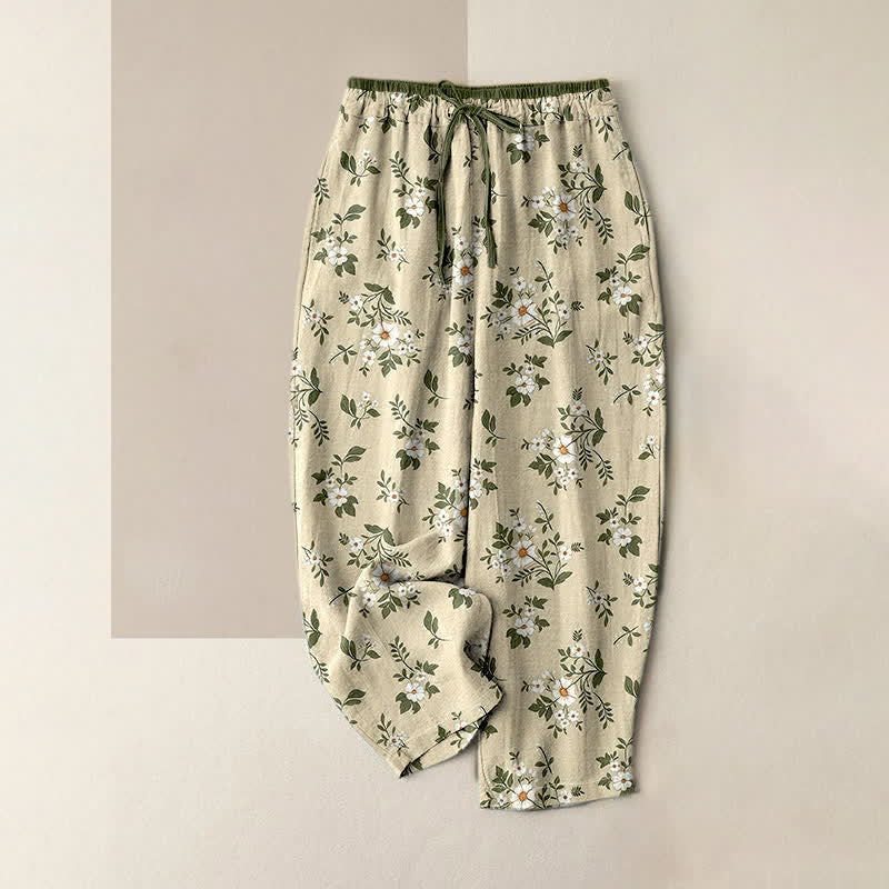 Nimara Ritual Pure Cotton Ditsy Floral Elastic Waist Women's Pants With Pockets