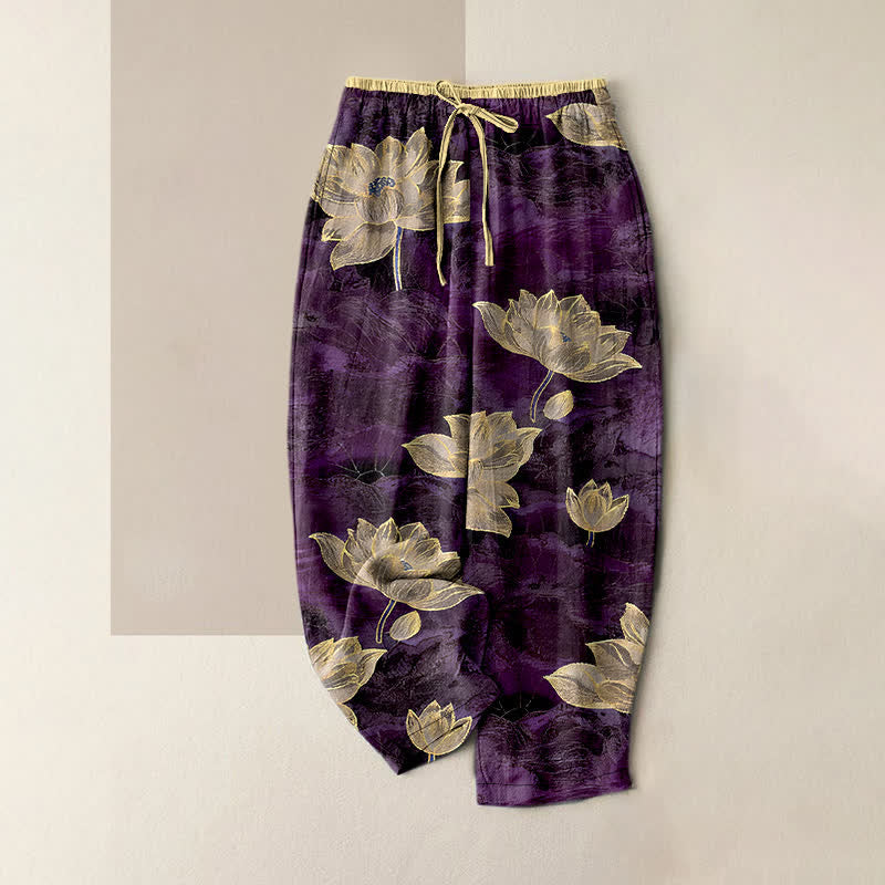 Nimara Ritual Lotus Pattern Pure Cotton Elastic Waist Women's Pants With Pockets
